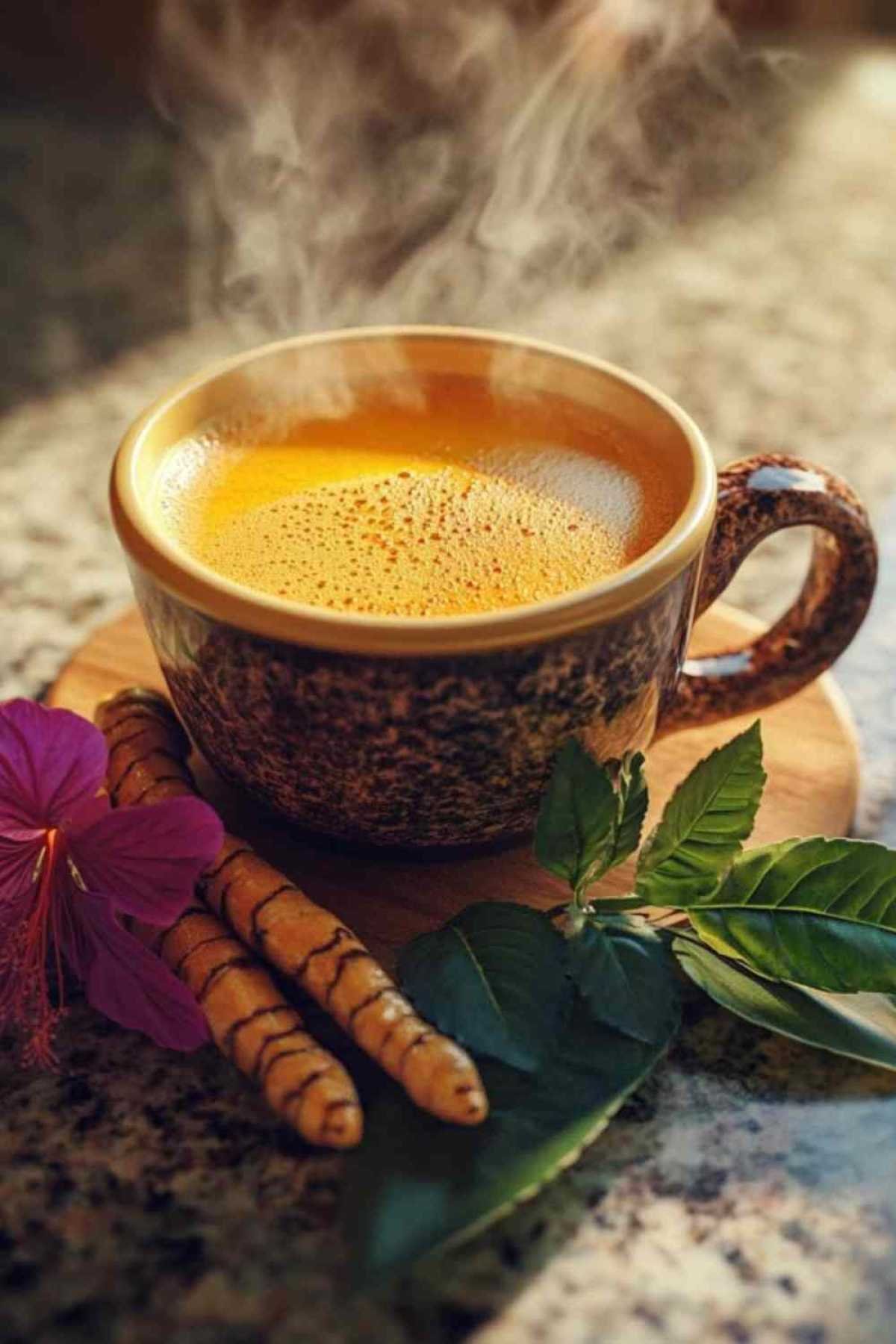 Tasse d’infusion au curcuma et corossol prête à déguster