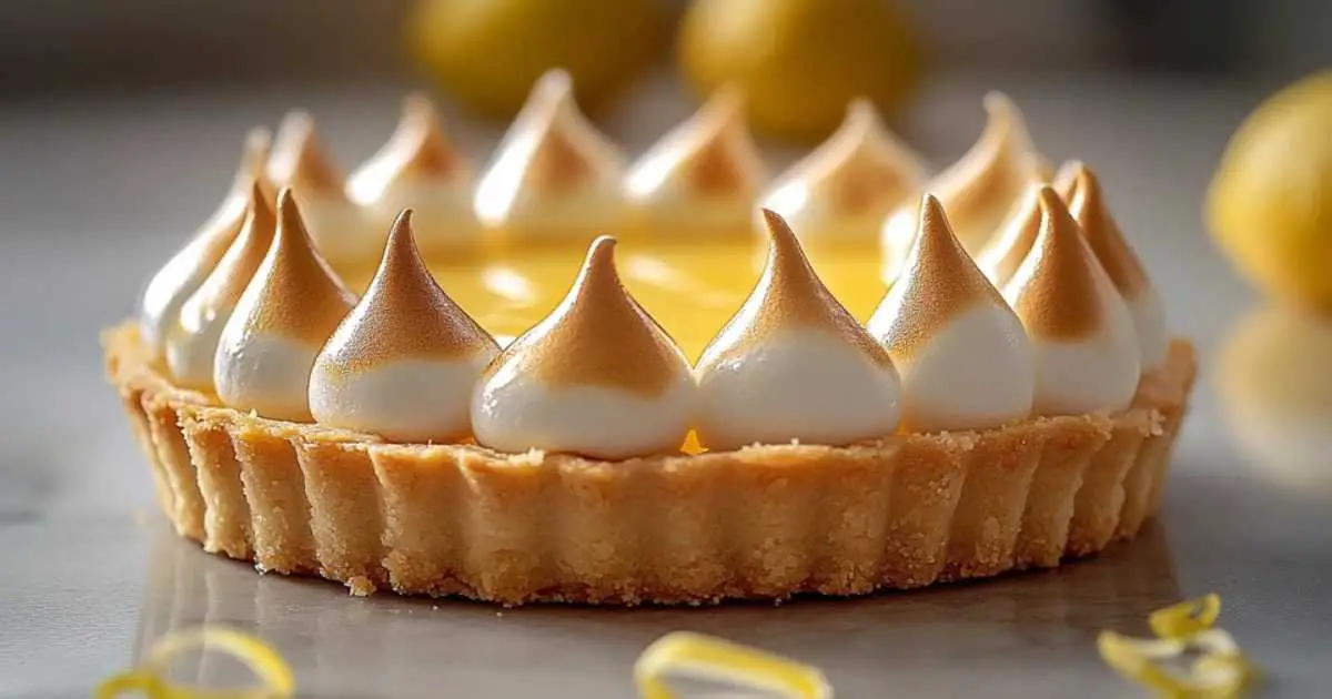 Tranche de tarte au citron meringuée montrant les trois couches distinctes