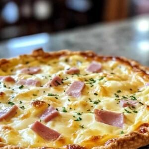 Quiche au Jambon de Poulet et Raclette 8 Part de quiche au jambon de poulet et raclette servie dans une assiette