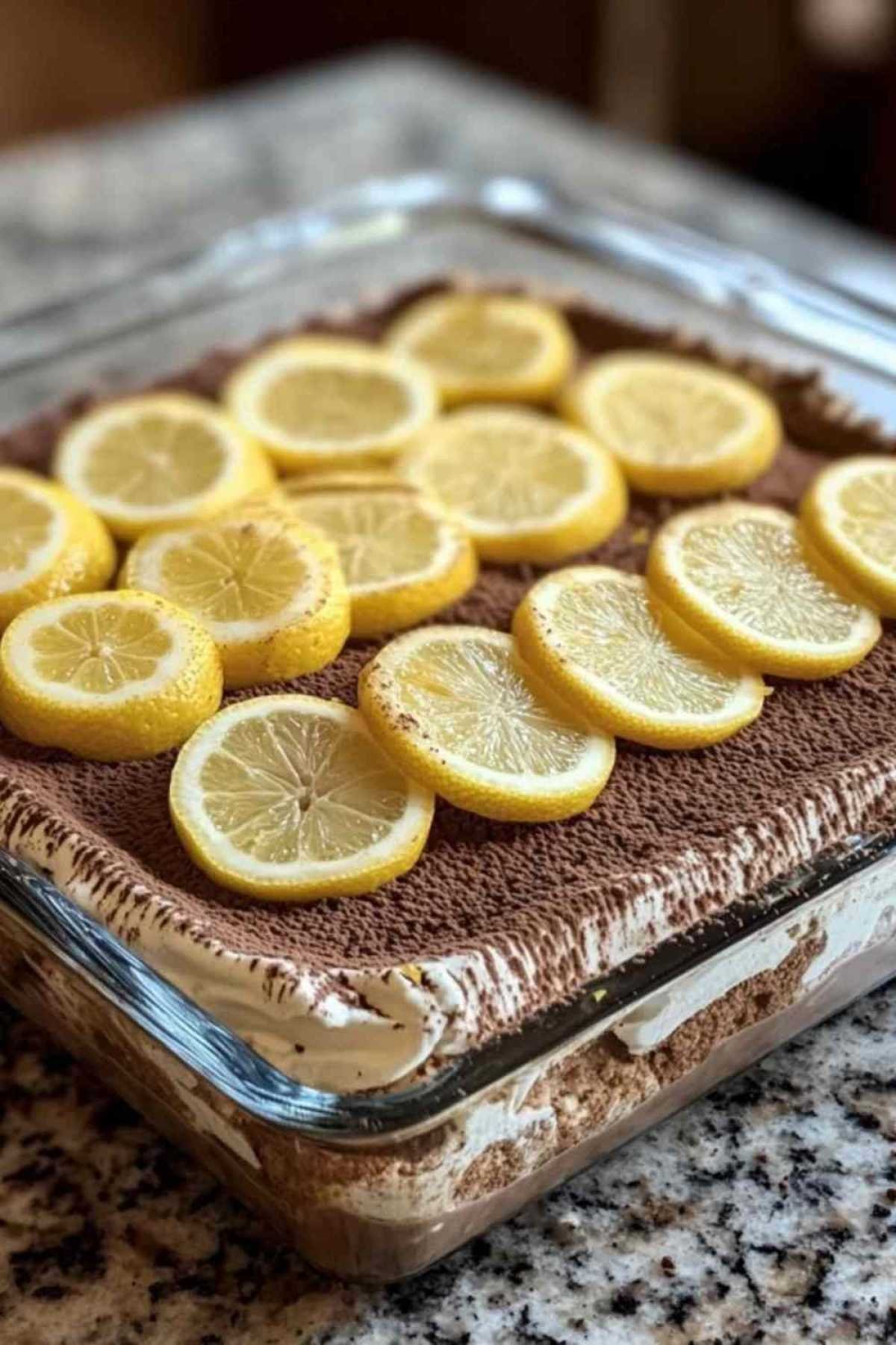 Portion individuelle de tiramisu au citron avec sa couche de crème et de biscuits visible