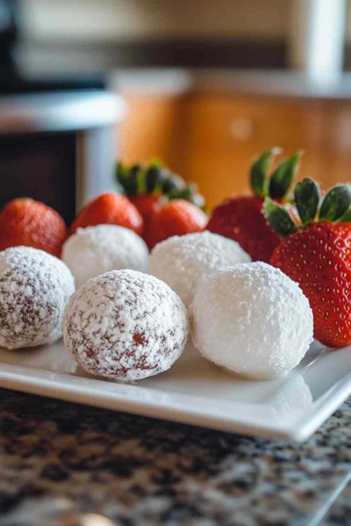 Truffes aux fraises enrobées de sucre glace sur assiette blanche