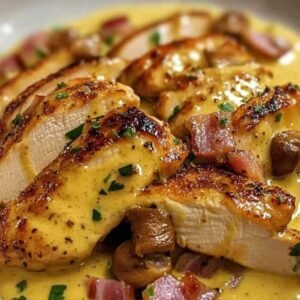 Émincés de Poulet à la Moutarde 8 Émincés de poulet cuisinant dans une poêle avec la sauce à la moutarde