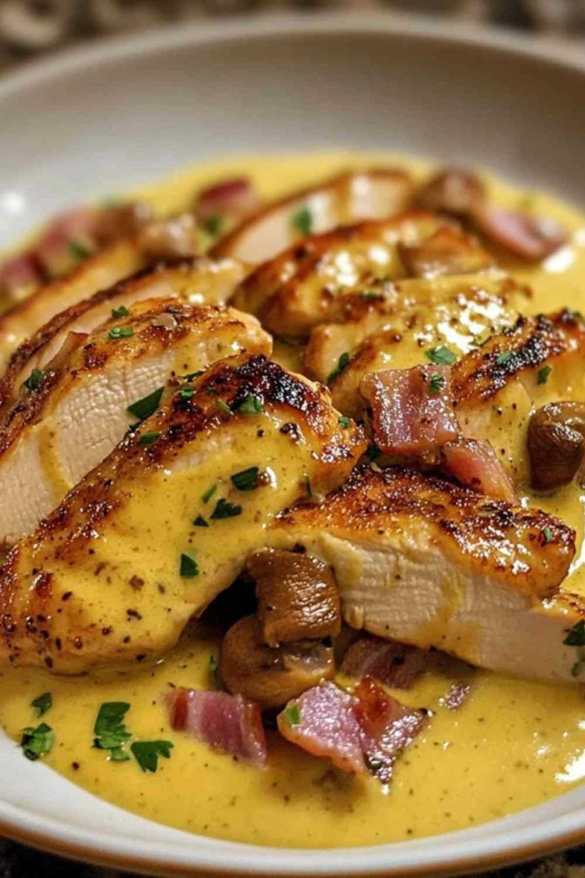 Émincés de poulet cuisinant dans une poêle avec la sauce à la moutarde