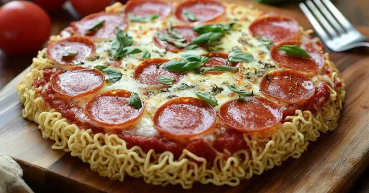 Étapes de préparation de la pizza ramen avec nouilles disposées sur la pâte