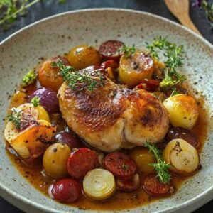 Poulet Fondant au Chorizo 8 Plat de poulet au chorizo servi avec du riz
