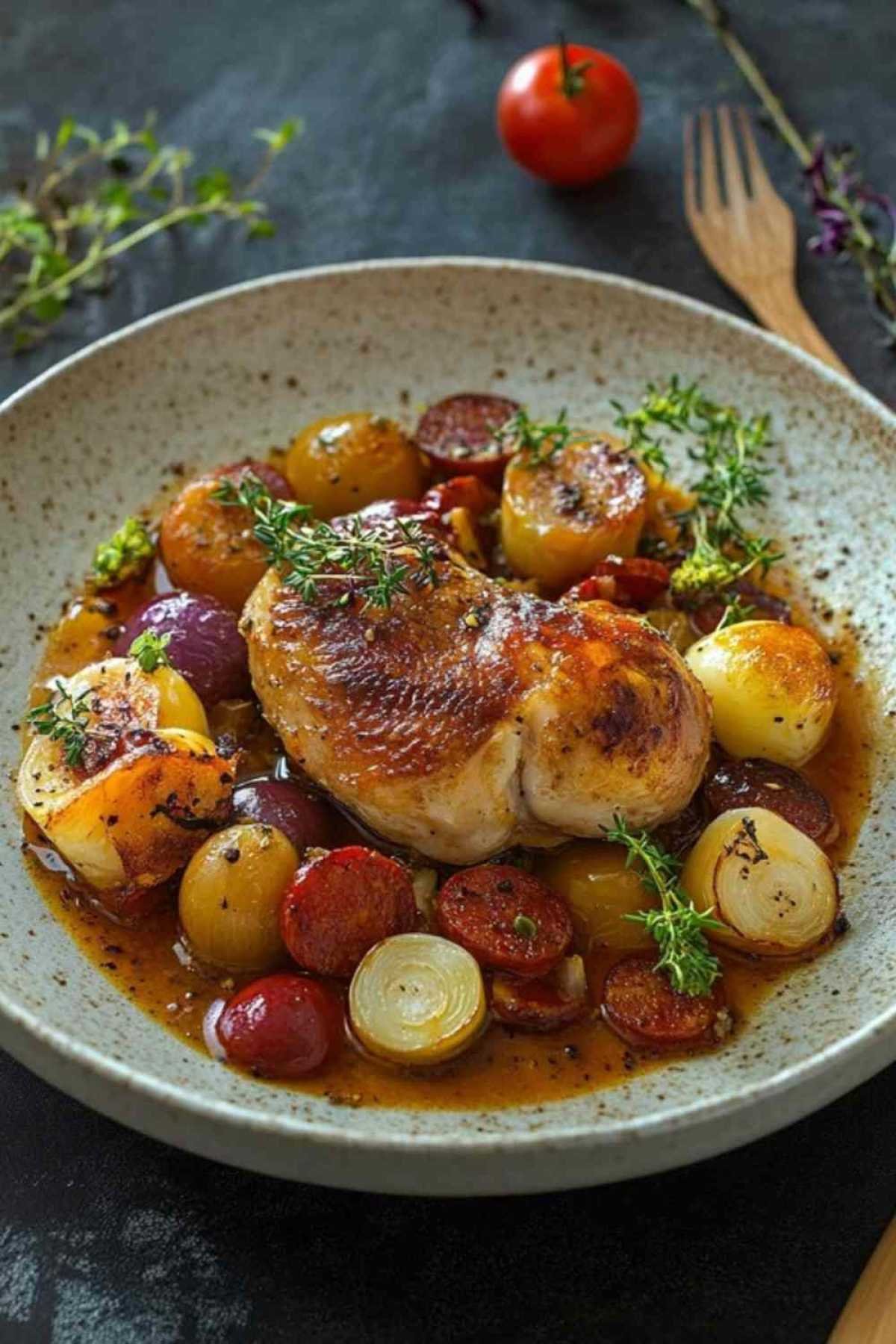 Plat de poulet au chorizo servi avec du riz