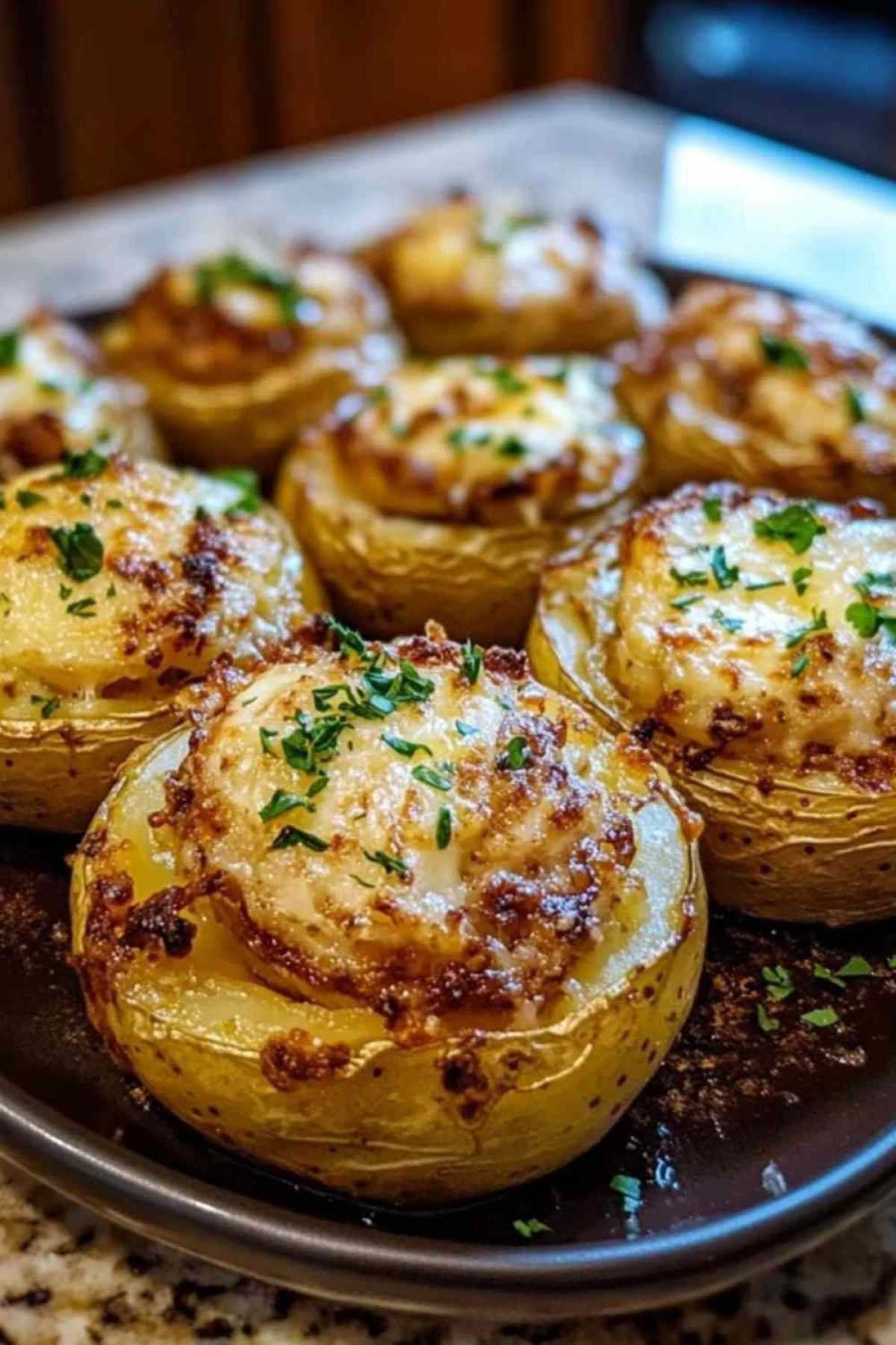Pommes de terre farcies au lard et Reblochon dorées au four