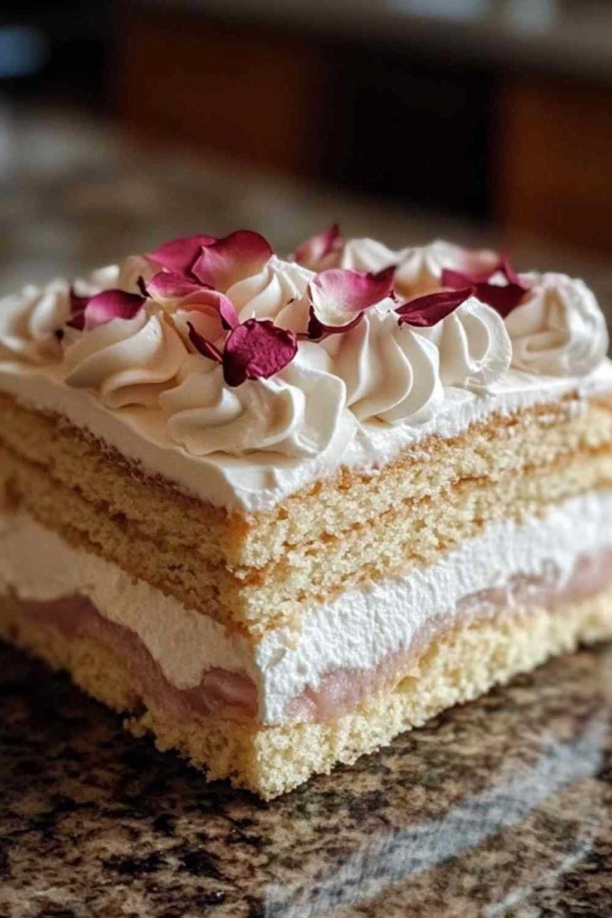 Gâteau nuage à la rose et litchi décoré de pétales de rose comestibles