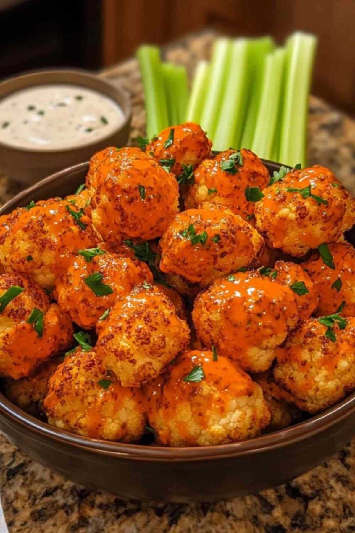Assiette de chou-fleur buffalo avec sauce ranch et bâtonnets de céleri