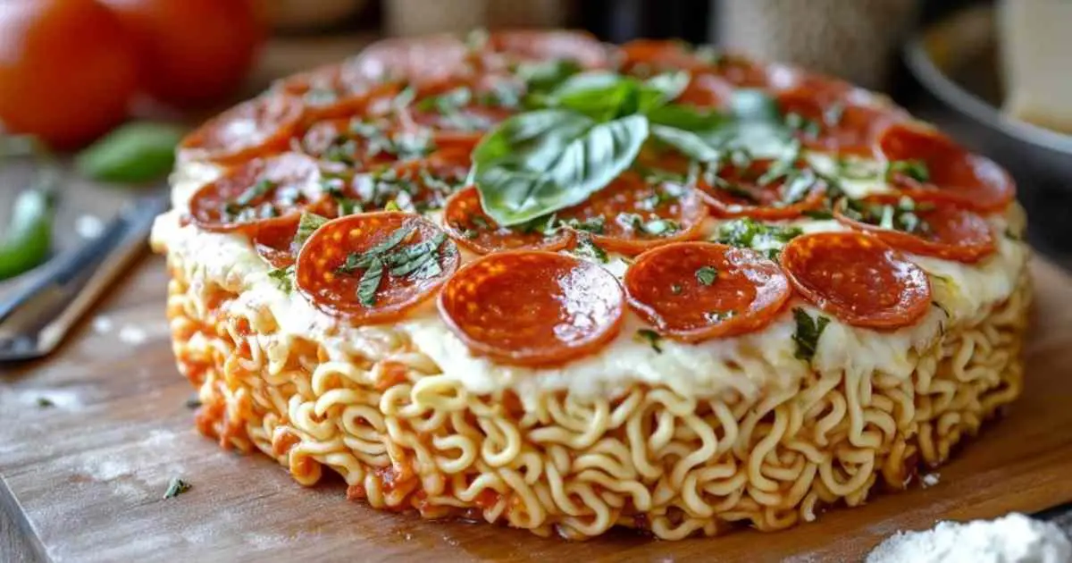 Part de pizza ramen avec filaments de fromage et garnitures colorées