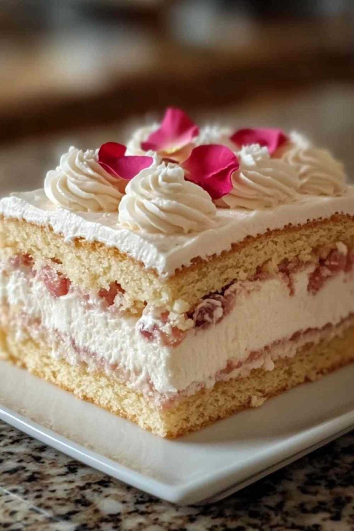 Gâteau nuage à la rose et litchi décoré de pétales de rose comestibles