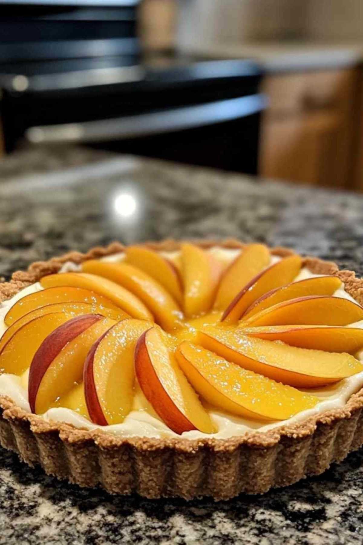 Part de tarte aux pêches et mascarpone servie sur une assiette