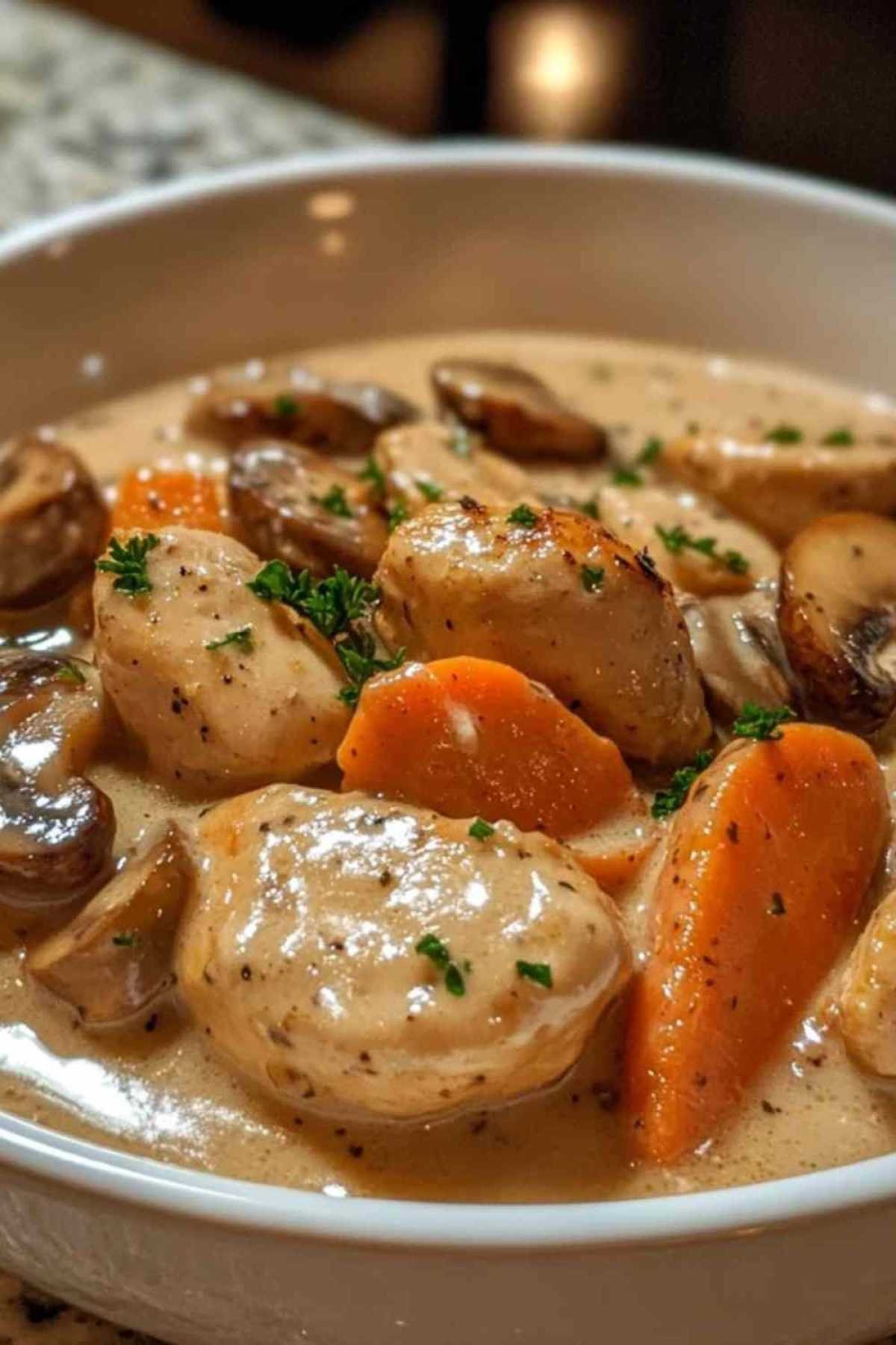 Assiette de blanquette de poulet aux champignons servie avec du riz