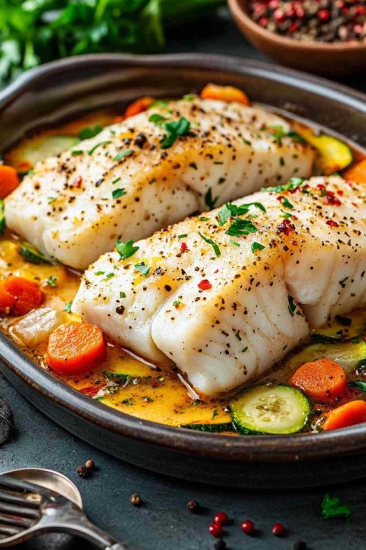 Assiette servie de cabillaud à la crème avec accompagnement