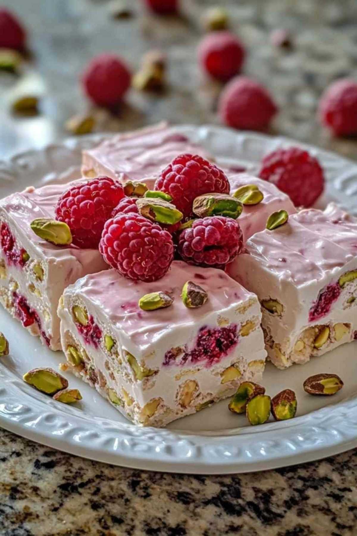 Découpe du nougat tendre à la framboise et pistache