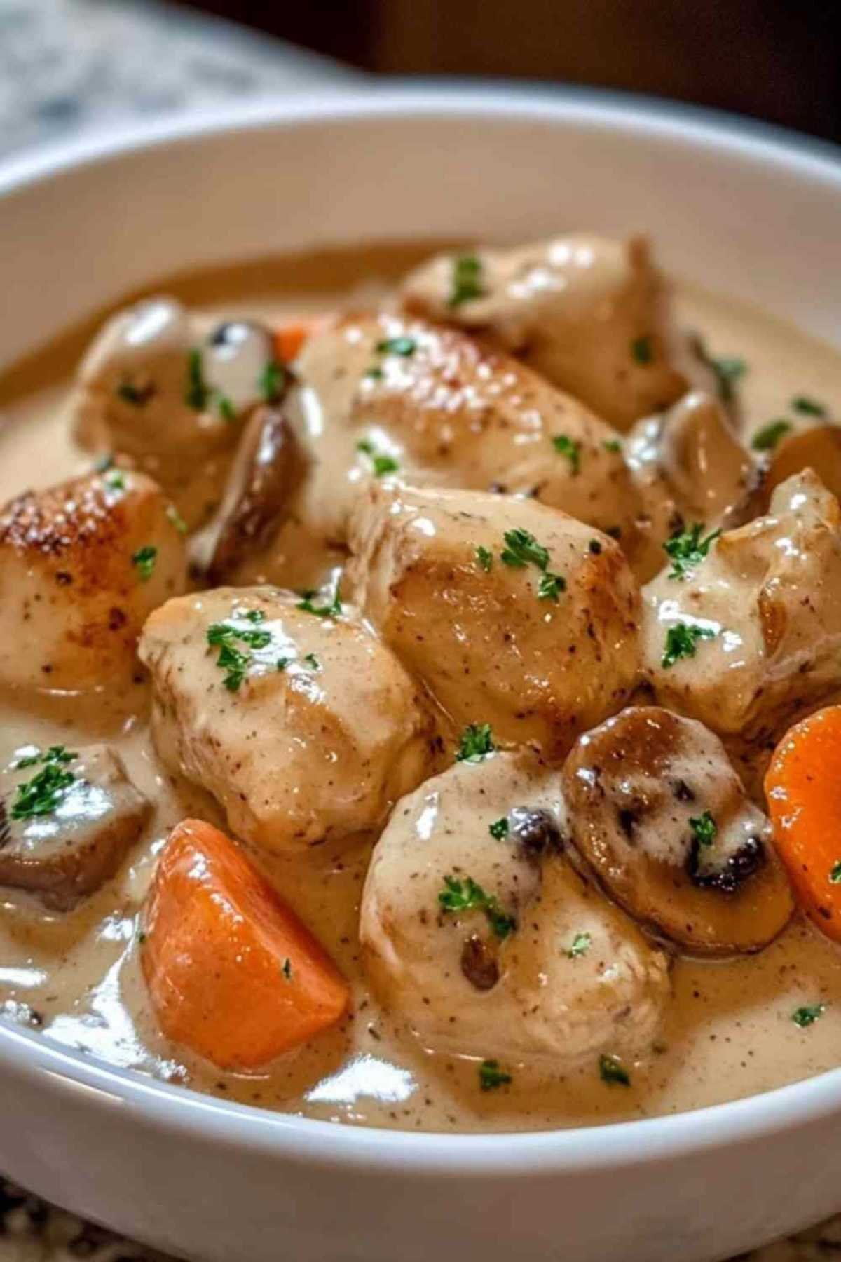 Ingrédients frais pour préparer une blanquette de poulet aux champignons