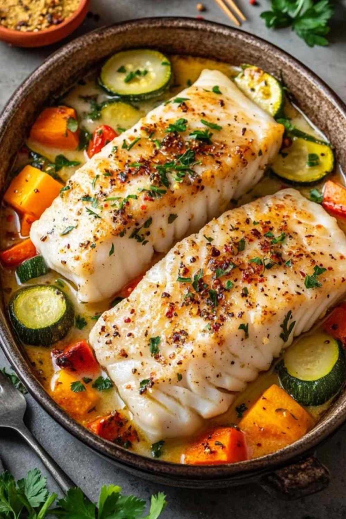 Préparation des filets de cabillaud avec légumes et crème