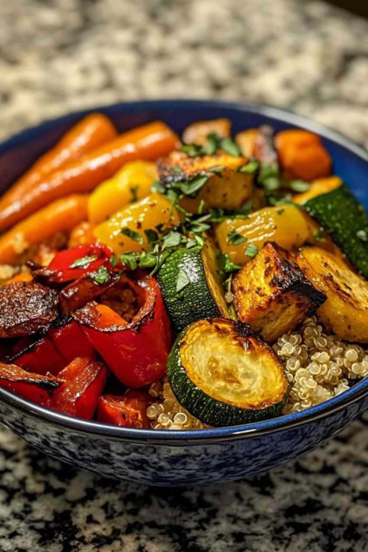Bol de quinoa au fonio avec légumes rôtis colorés