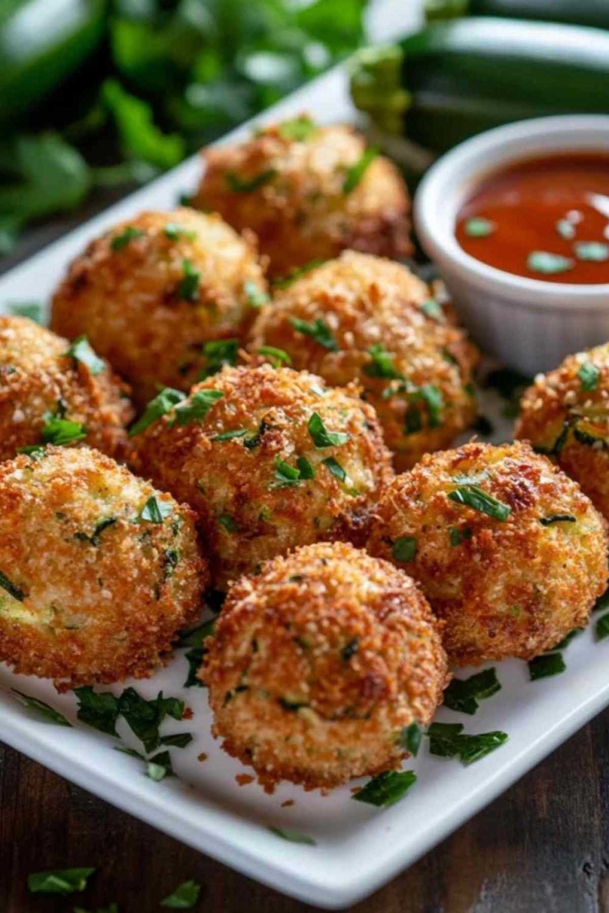 Boulettes de courgettes dorées et croustillantes après cuisson