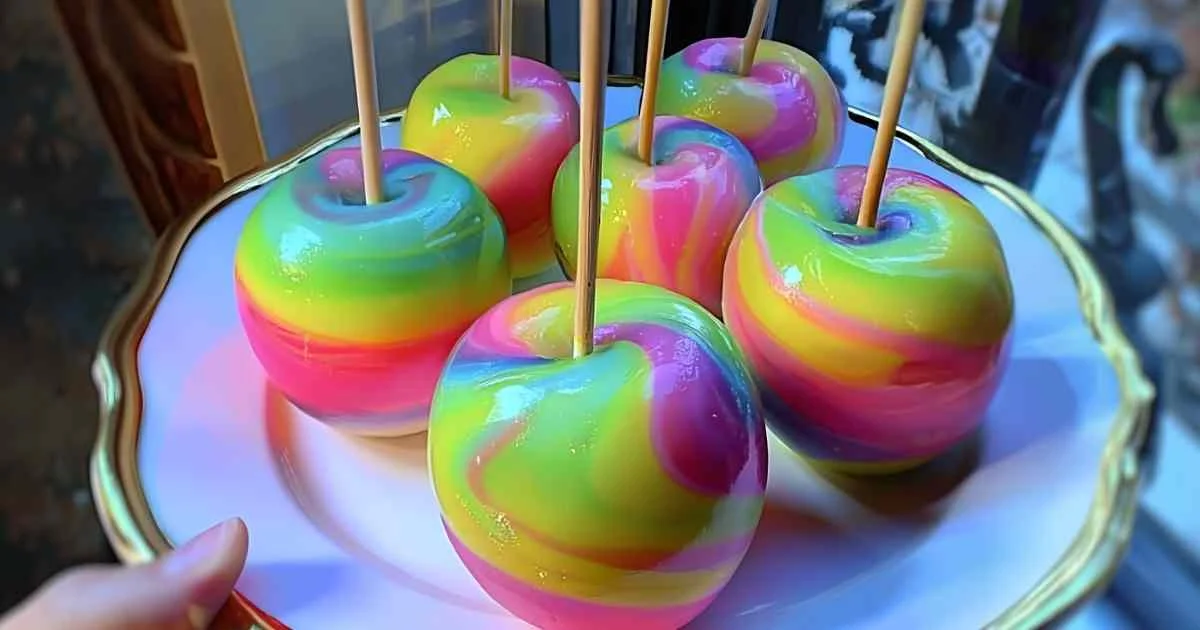 Pommes candies colorées goût cotton candy sur bâtonnets en bois
