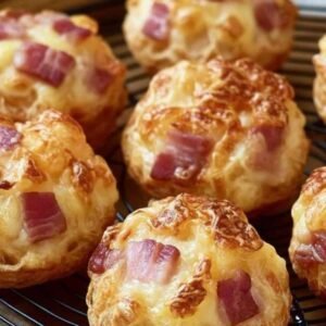 Bouchées aux Lardons et au Comté 8 Bouchées aux lardons et Comté dorées sortant du four Alt text : Bouchées aux lardons et au Comté dorées et croustillantes