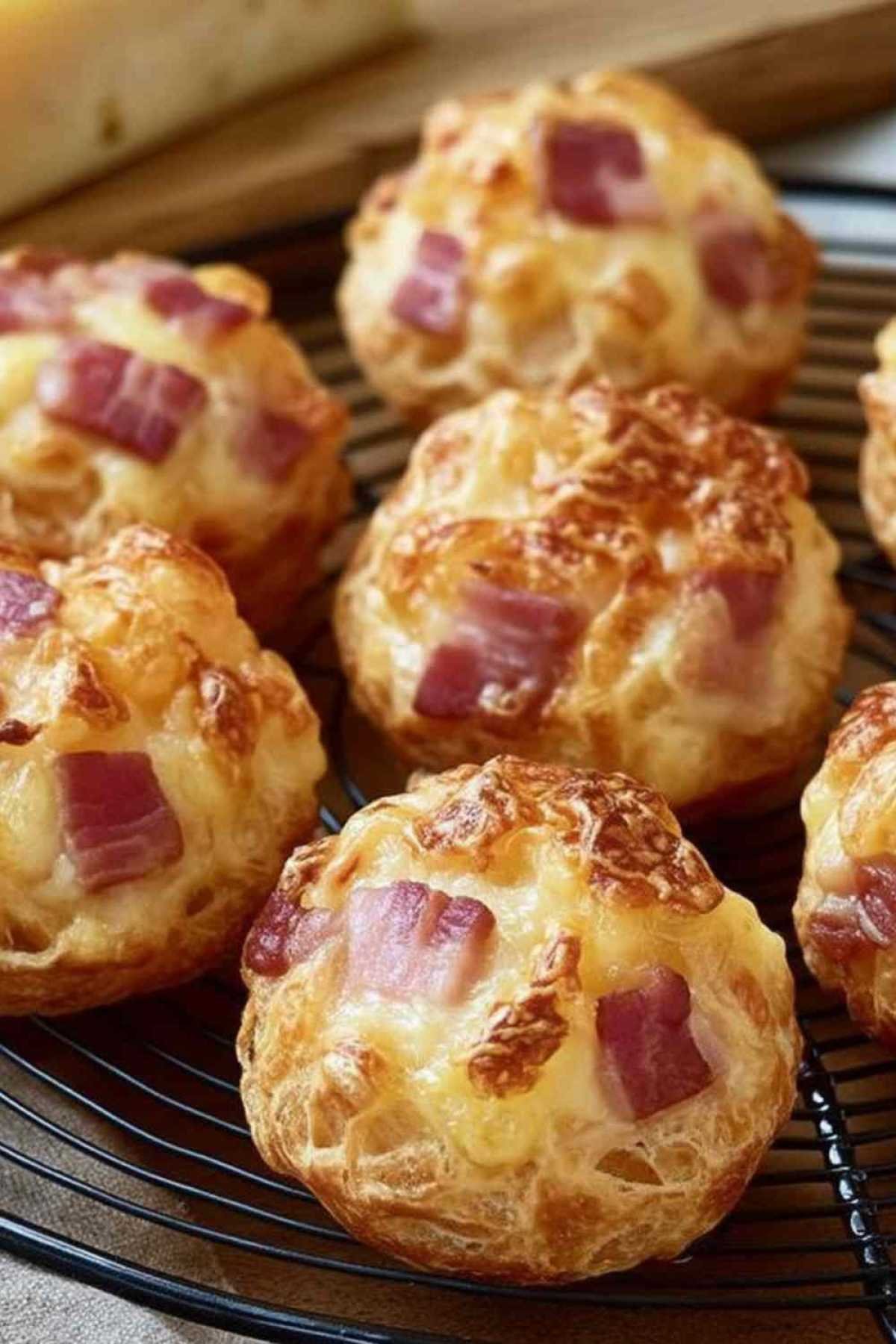 Bouchées aux lardons et Comté dorées sortant du four Alt text : Bouchées aux lardons et au Comté dorées et croustillantes