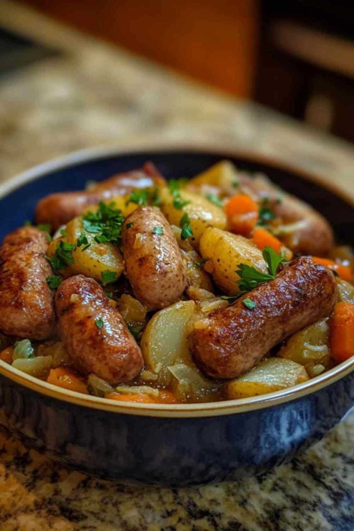 Ingrédients frais pour ragoût de saucisses aux légumes sur plan de travail