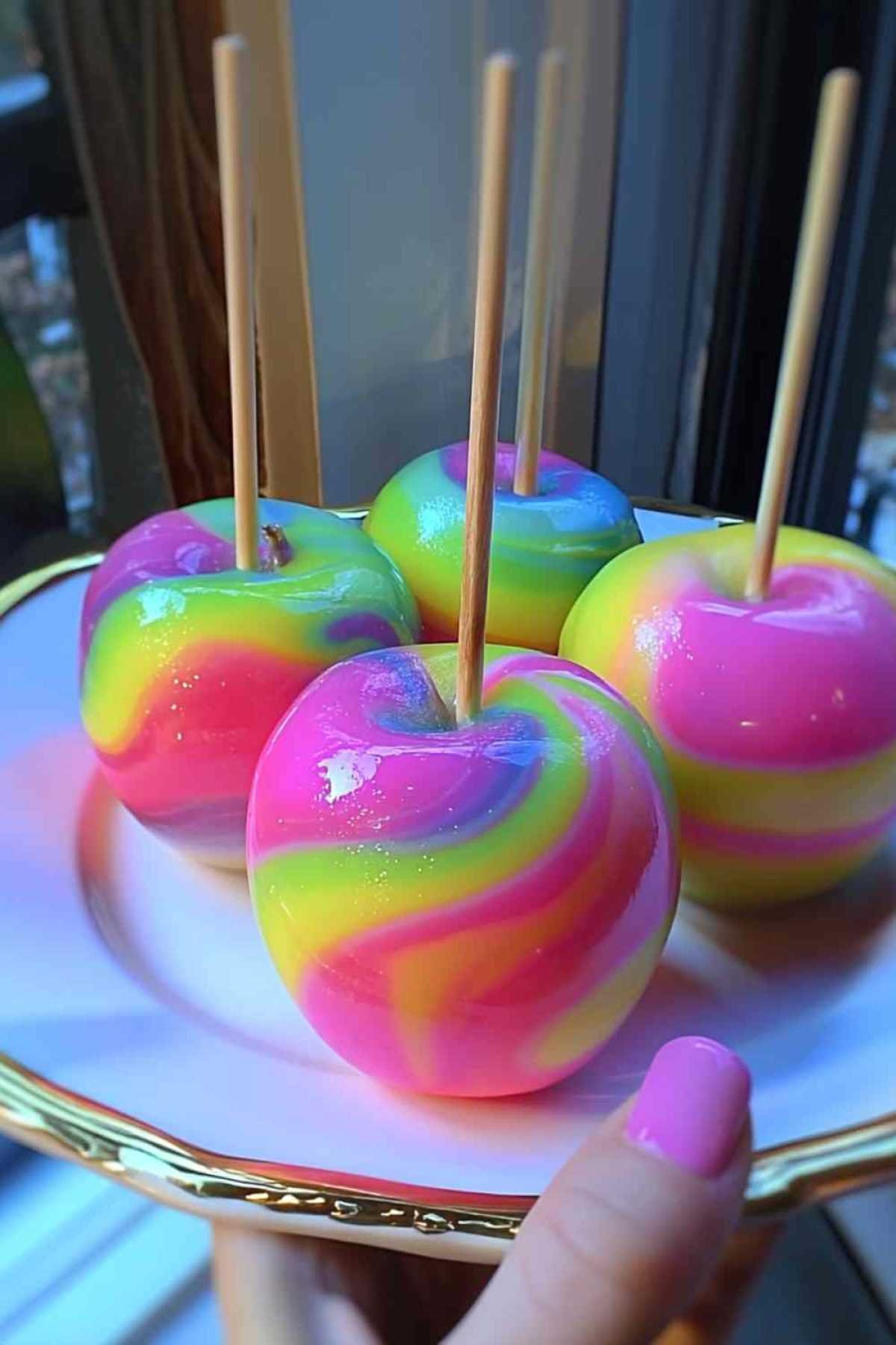 Présentation de pommes candies multicolores sous lumière noire